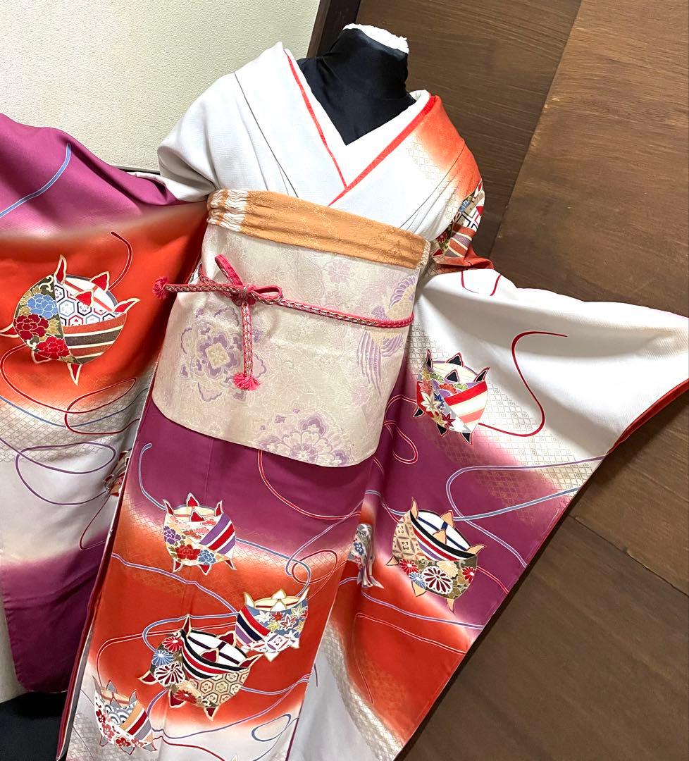 振袖フルセット6点サイズＬ糸巻文　暈し染め　金彩　正絹