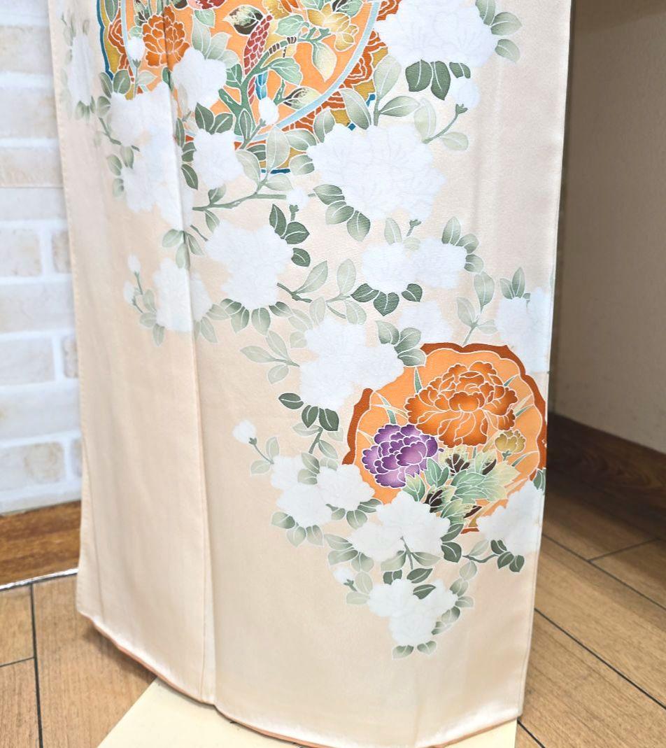 ペールオレンジ草花訪問着と袋帯・帯揚げ帯締めの4点フルセット