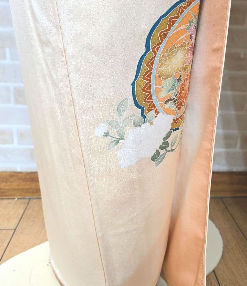 ペールオレンジ草花訪問着と袋帯・帯揚げ帯締めの4点フルセット