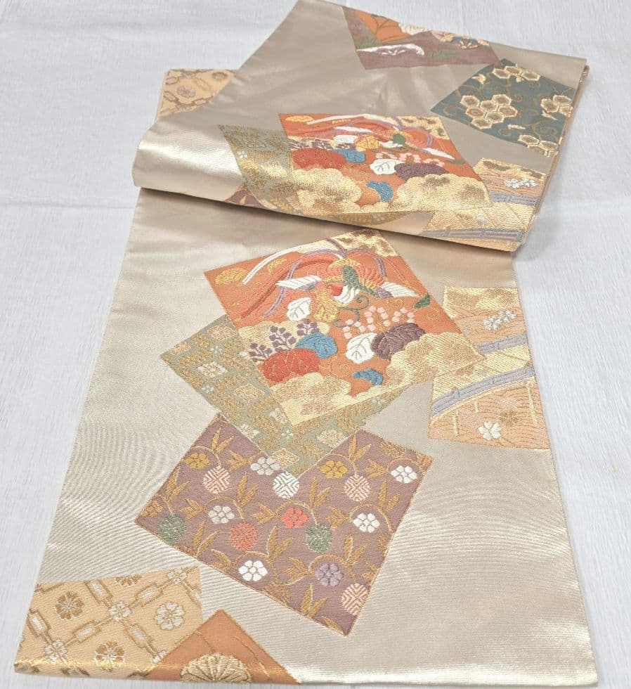 ペールオレンジ草花訪問着と袋帯・帯揚げ帯締めの4点フルセット