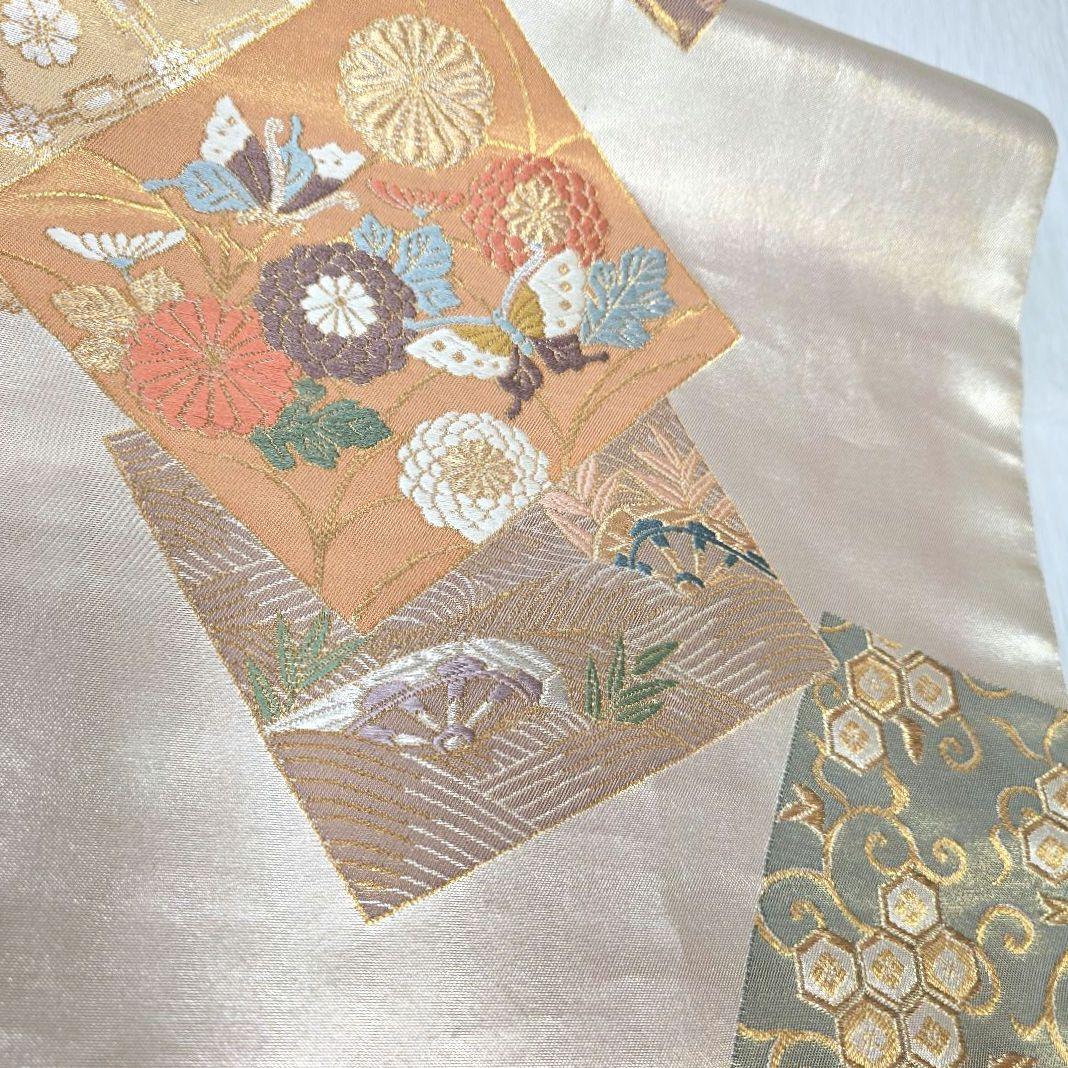 ペールオレンジ草花訪問着と袋帯・帯揚げ帯締めの4点フルセット