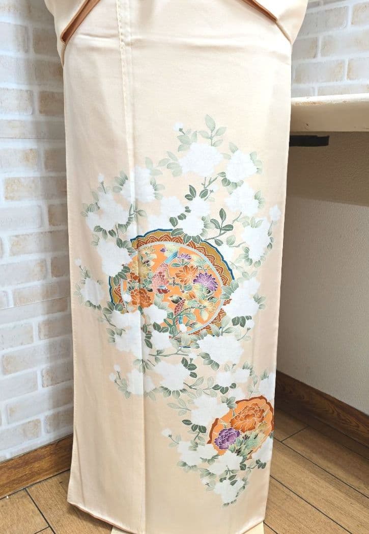 ペールオレンジ草花訪問着と袋帯・帯揚げ帯締めの4点フルセット