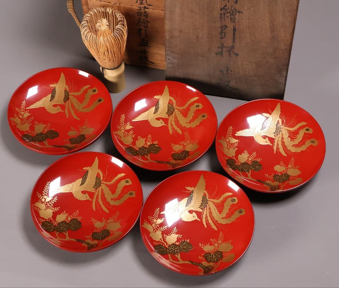 【CM243】時代木製漆器 桐鳳凰・菊 金蒔絵 朱塗 引盃 五客 木製漆器 小皿