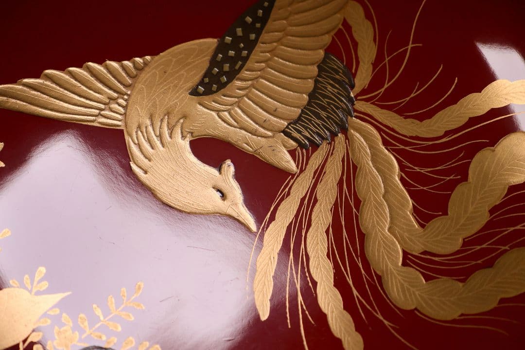 【CM243】時代木製漆器 桐鳳凰・菊 金蒔絵 朱塗 引盃 五客 木製漆器 小皿