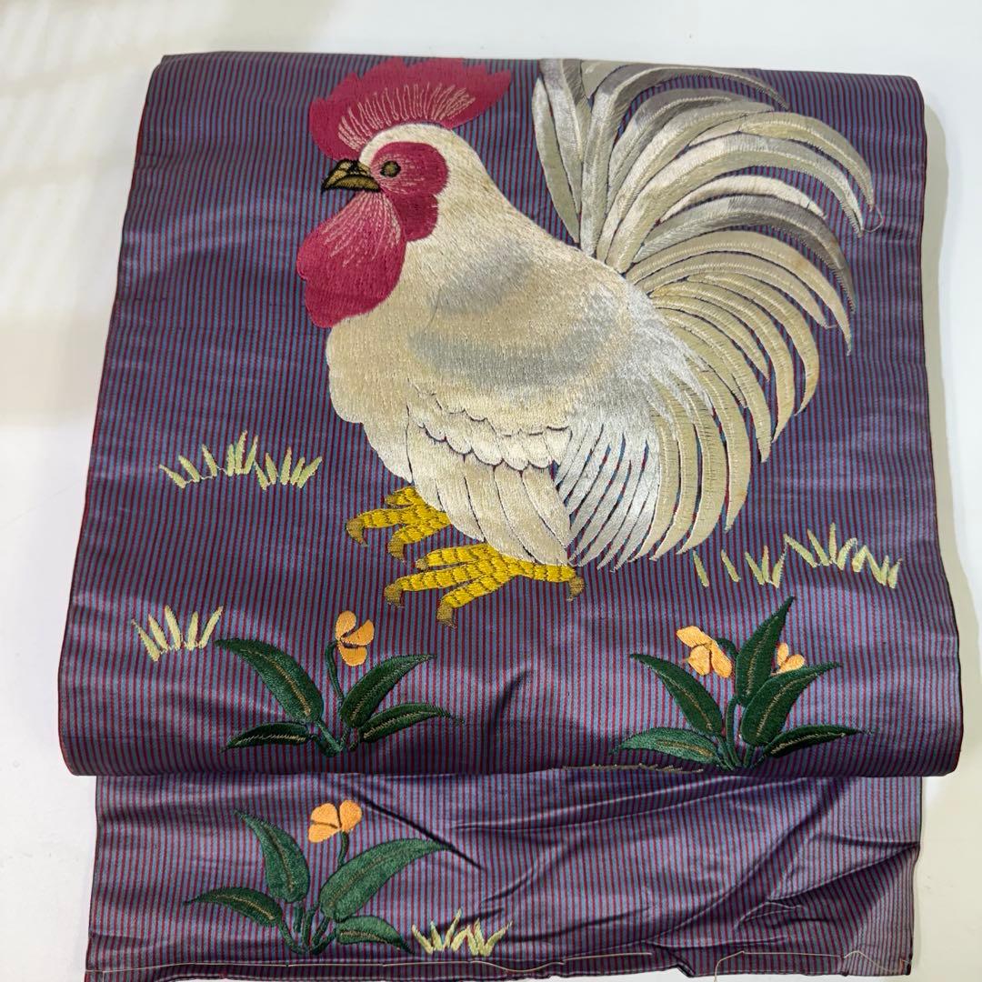 ぬ*ぬ様 アンティーク　刺繍　名古屋帯　刺繍帯　正絹　鶏　ひよこ　花