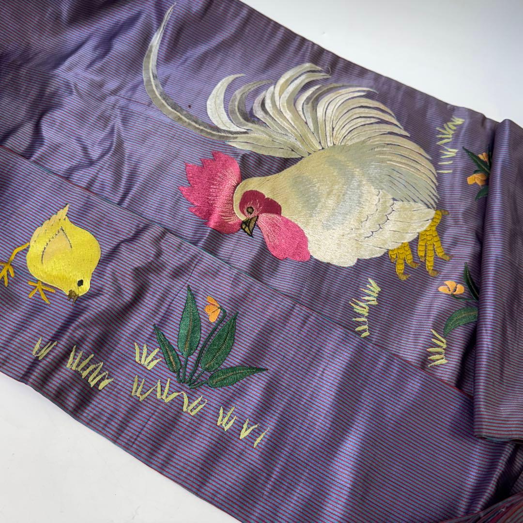ぬ*ぬ様 アンティーク　刺繍　名古屋帯　刺繍帯　正絹　鶏　ひよこ　花