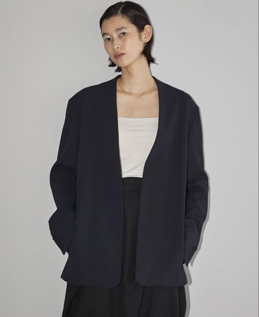 TODAYFULカラーレスツイルジャケット　黒ノーカラーブラック