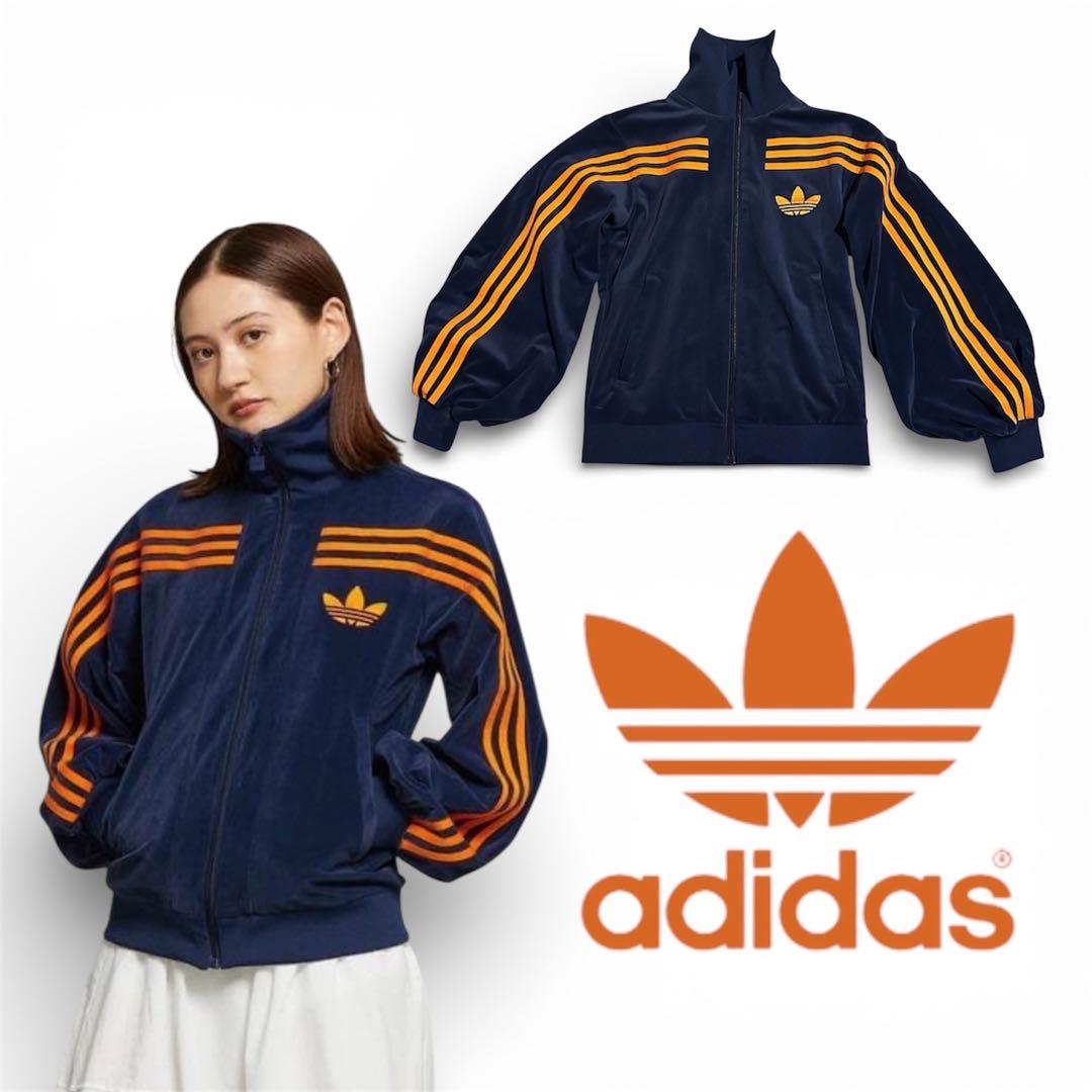 70s 復刻　adidas ベロア　トラックジャケット　ネイビー　オレンジ