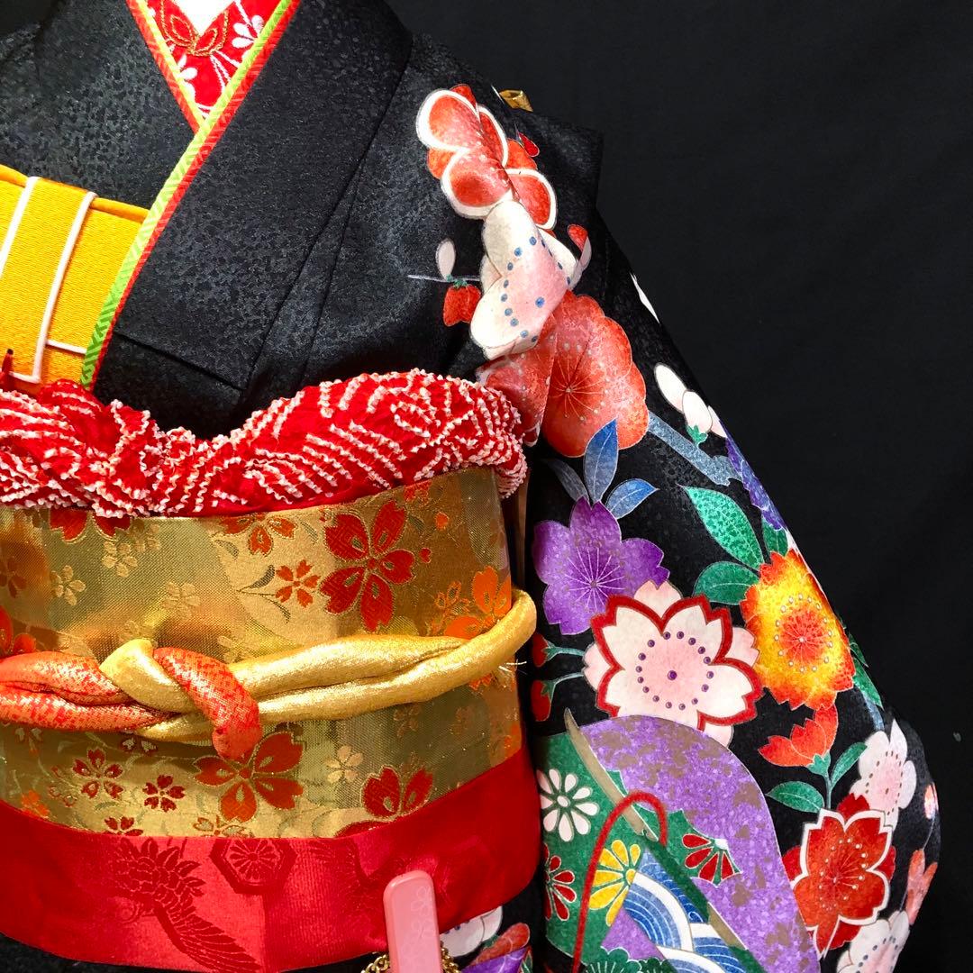 七五三　7歳　熨斗　黒　四つ身　着物　作り帯　セット　女の子　753 七歳