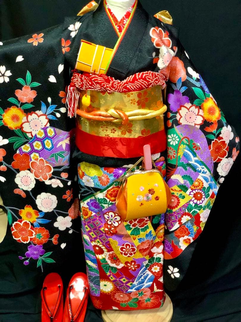 七五三　7歳　熨斗　黒　四つ身　着物　作り帯　セット　女の子　753 七歳