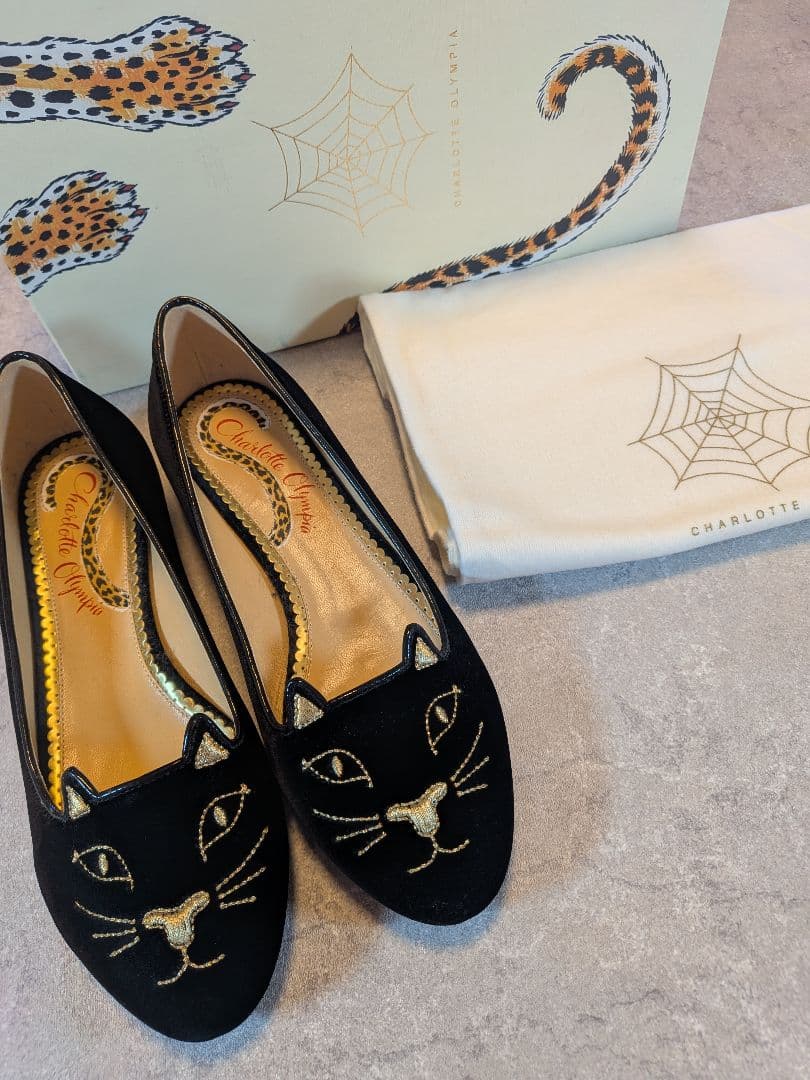 シャルロットオリンピア　ベロア　猫モチーフ　刺繍　フラットシューズ　38
