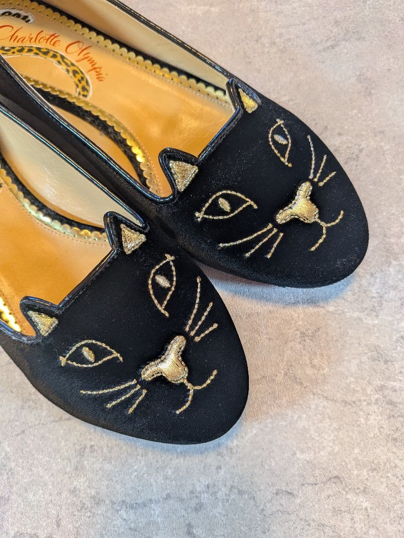 シャルロットオリンピア　ベロア　猫モチーフ　刺繍　フラットシューズ　38