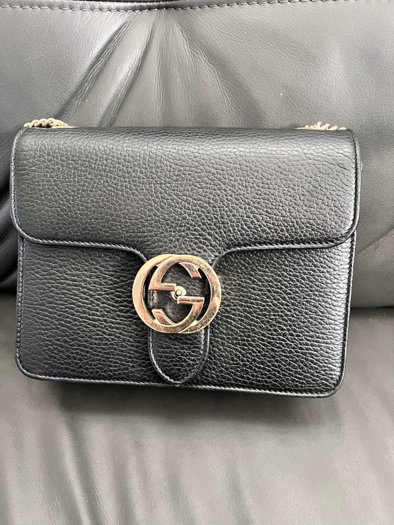 GUCCI グッチ インターロッキングG チェーンショルダーバッグ ブラック