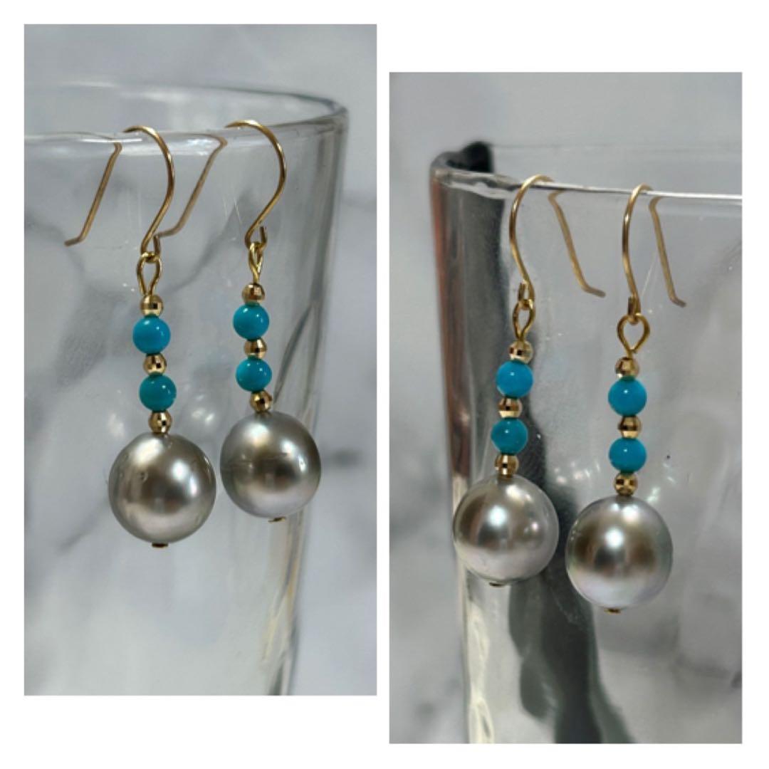 (M0121-1)K18YGタヒチ黒蝶真珠＋ターコイズピアス　ジュエリー