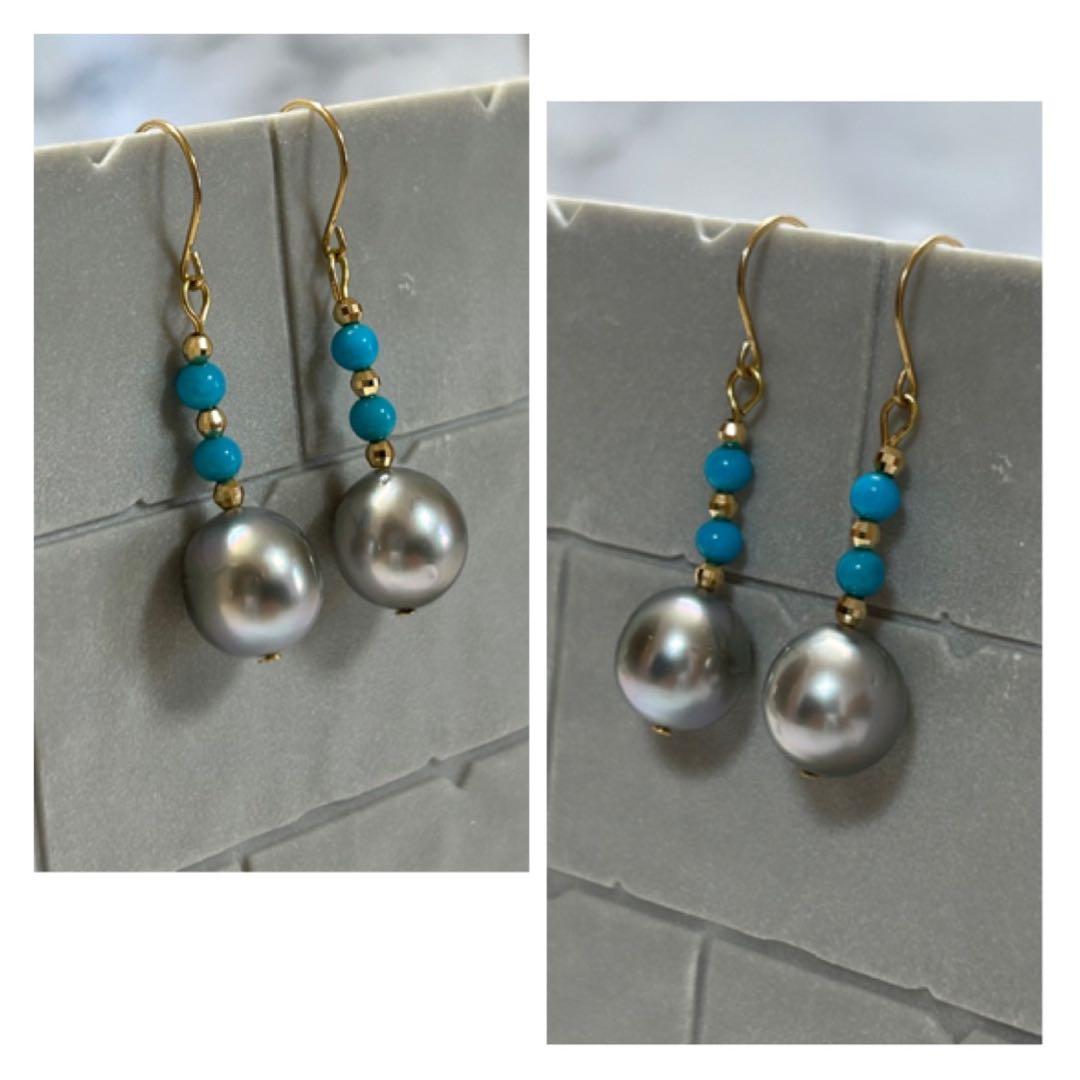 (M0121-1)K18YGタヒチ黒蝶真珠＋ターコイズピアス　ジュエリー