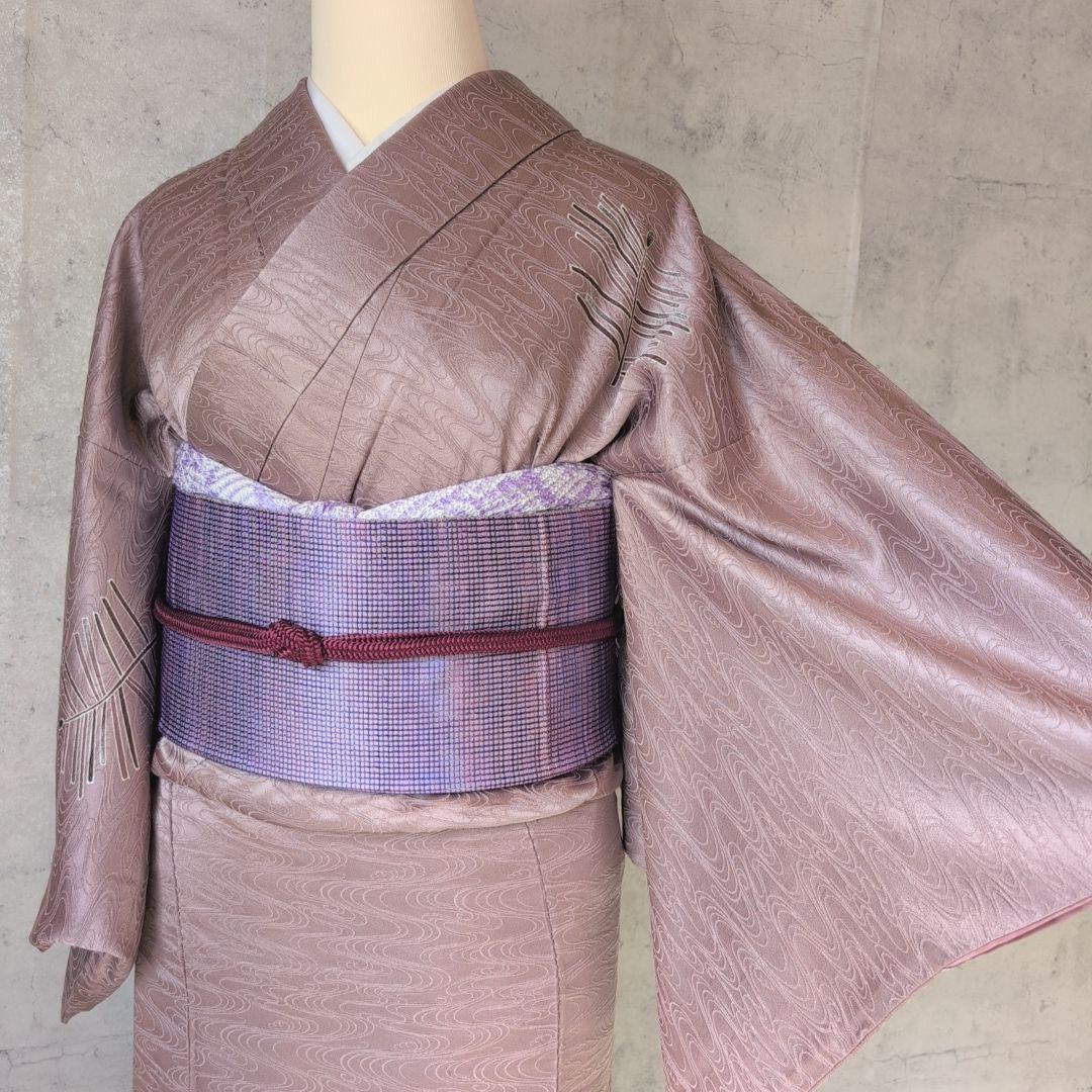 訪問着　フルセット　付け下げ　着物　正絹　紫　地紋豪華　波　帯草木染羅峰錦　B2