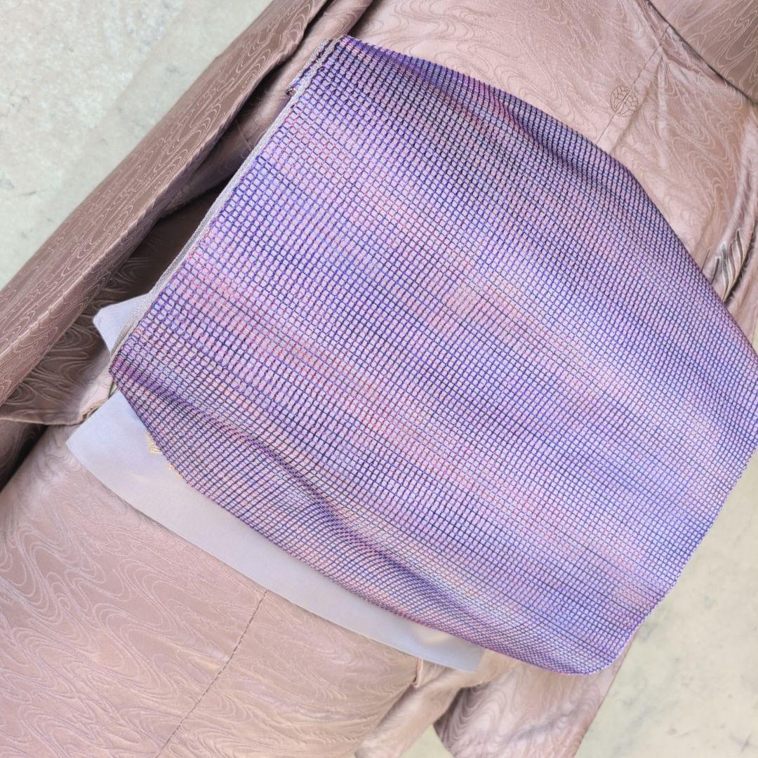 訪問着　フルセット　付け下げ　着物　正絹　紫　地紋豪華　波　帯草木染羅峰錦　B2