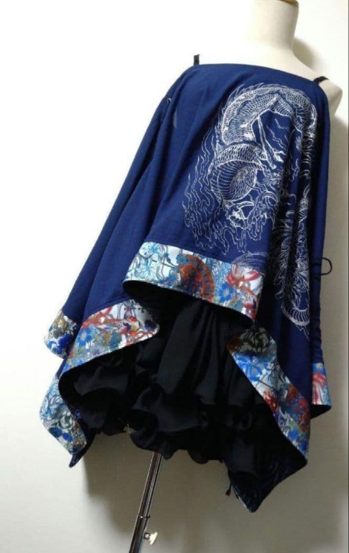 Qutie Frash 龍プリント和柄切替オフショルダー チュニック ポンチョ