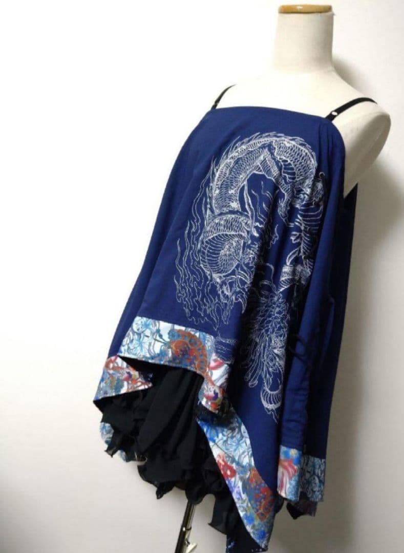 Qutie Frash 龍プリント和柄切替オフショルダー チュニック ポンチョ