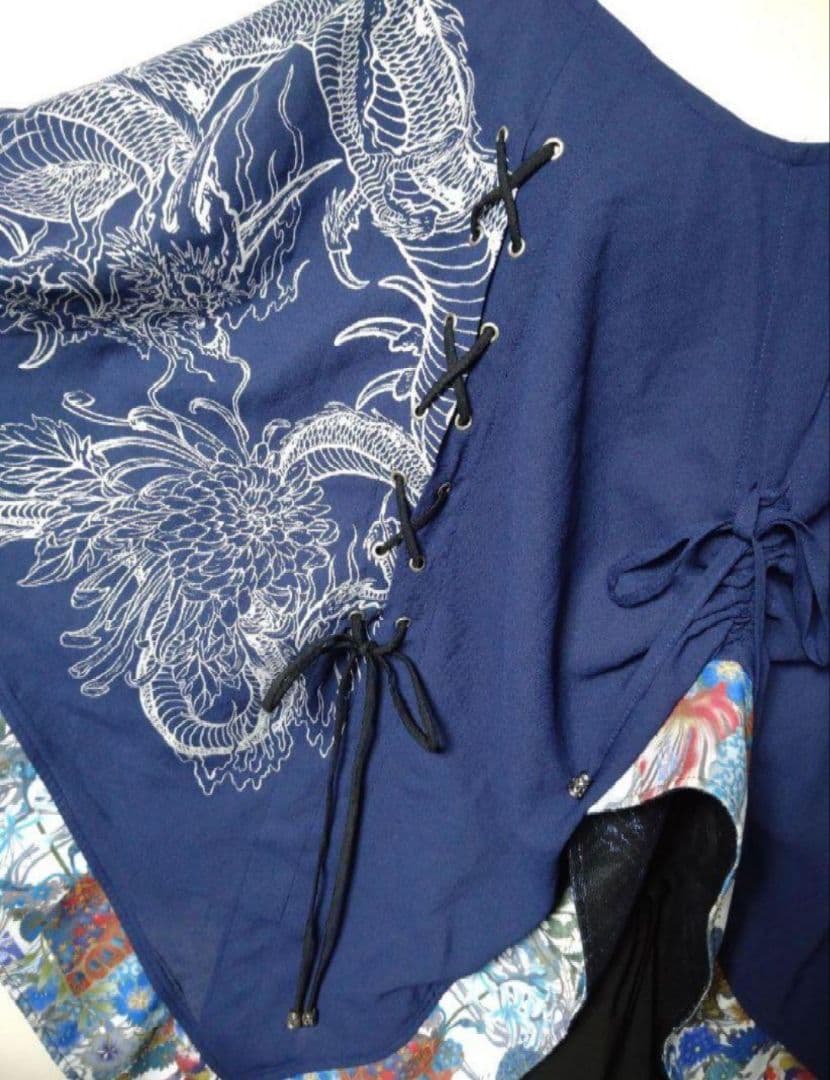 Qutie Frash 龍プリント和柄切替オフショルダー チュニック ポンチョ