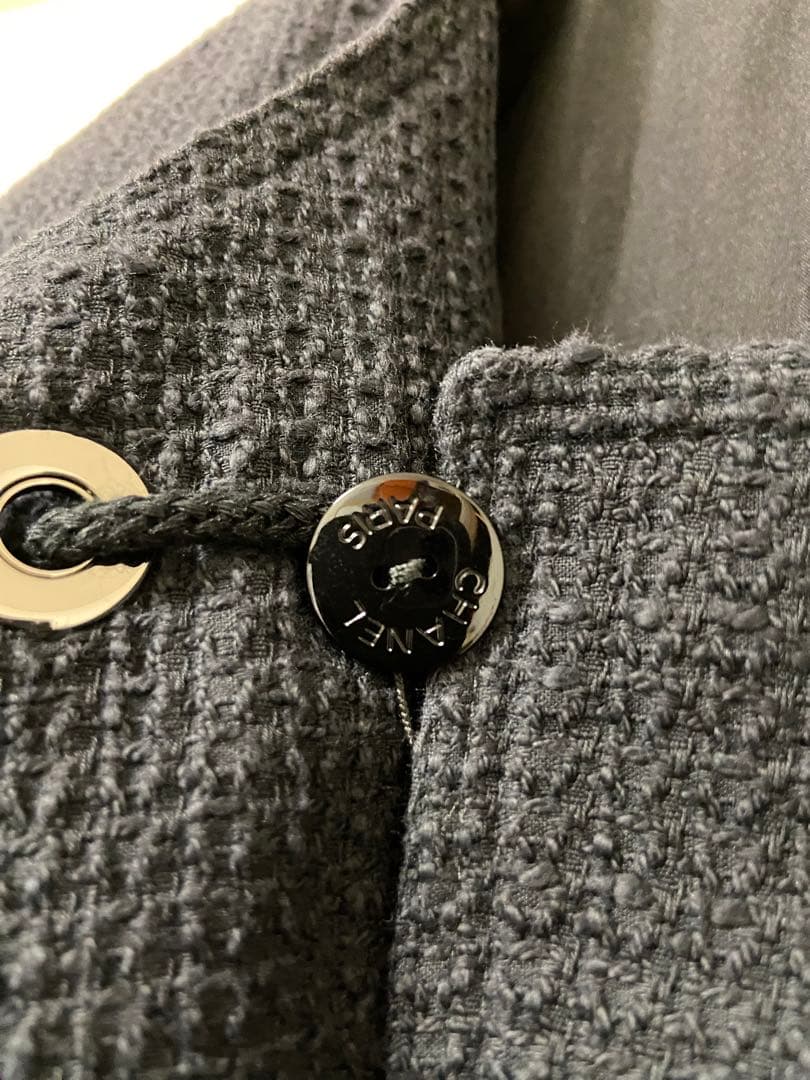 CHANEL 38ノーカラー ブラック ツイードジャケット