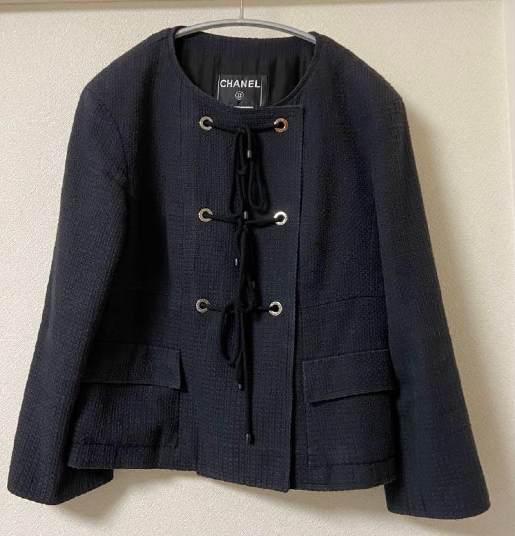 CHANEL 38ノーカラー ブラック ツイードジャケット