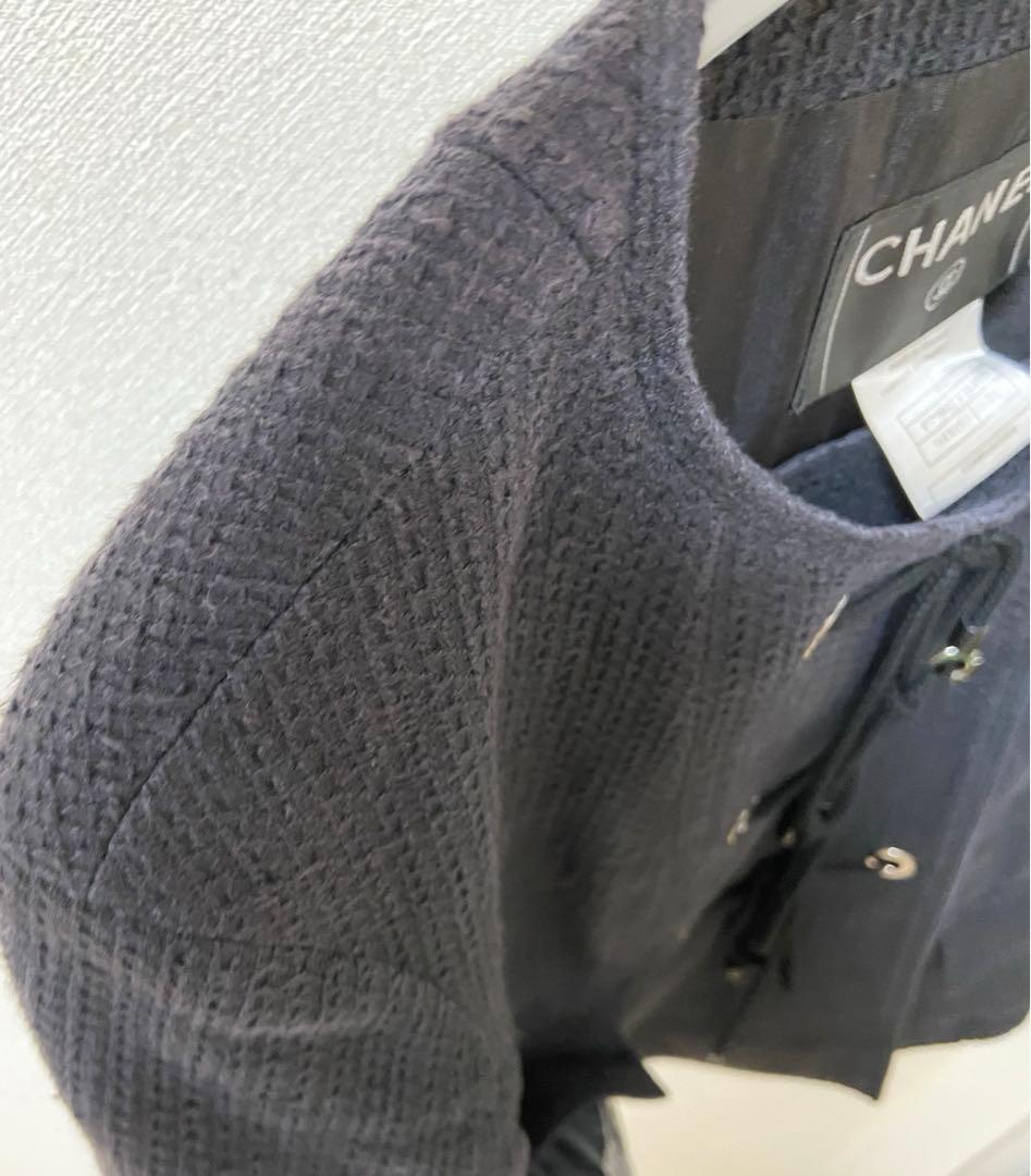 CHANEL 38ノーカラー ブラック ツイードジャケット