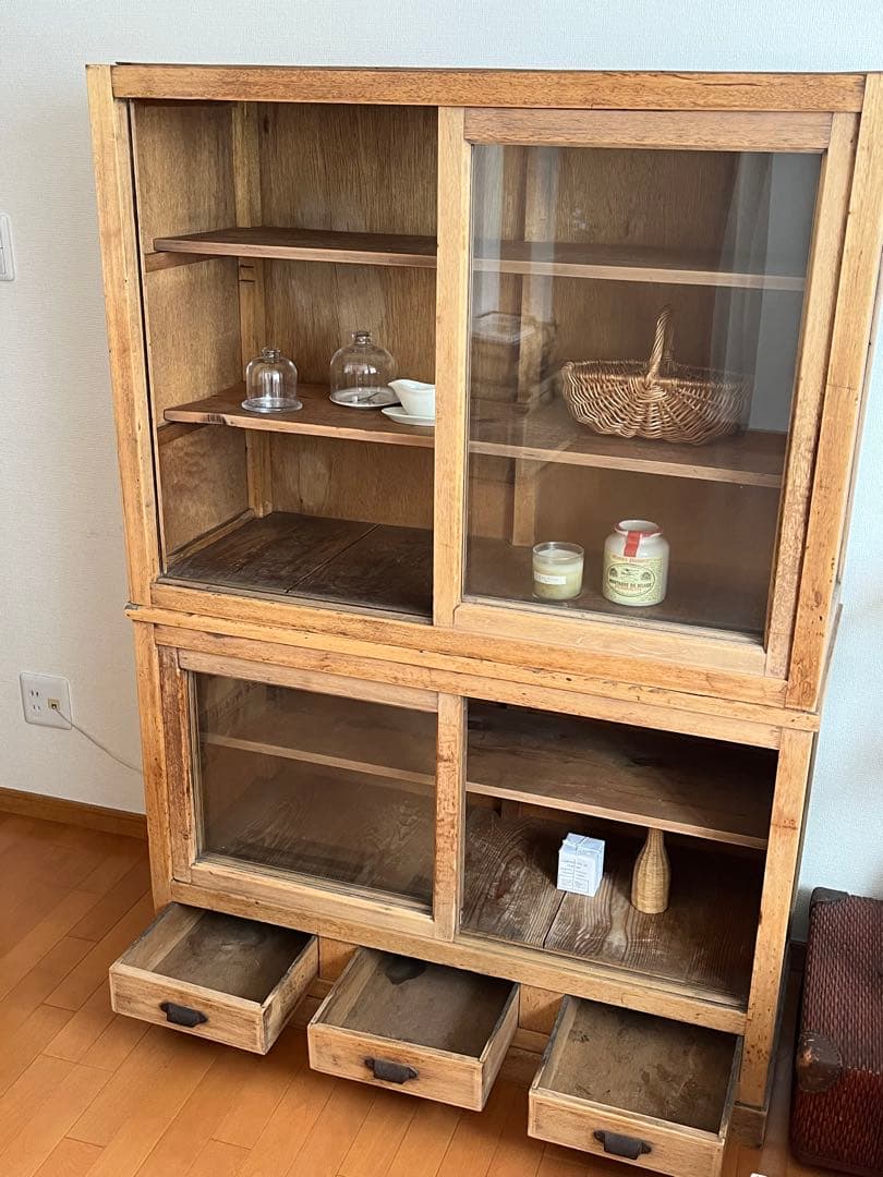 古家具 水屋箪笥 キャビネット 食器棚 本棚 ガラス 古道具 アンティーク
