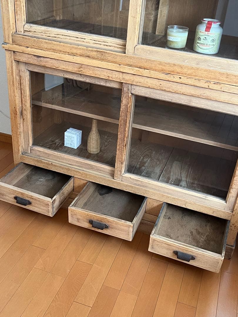 古家具 水屋箪笥 キャビネット 食器棚 本棚 ガラス 古道具 アンティーク