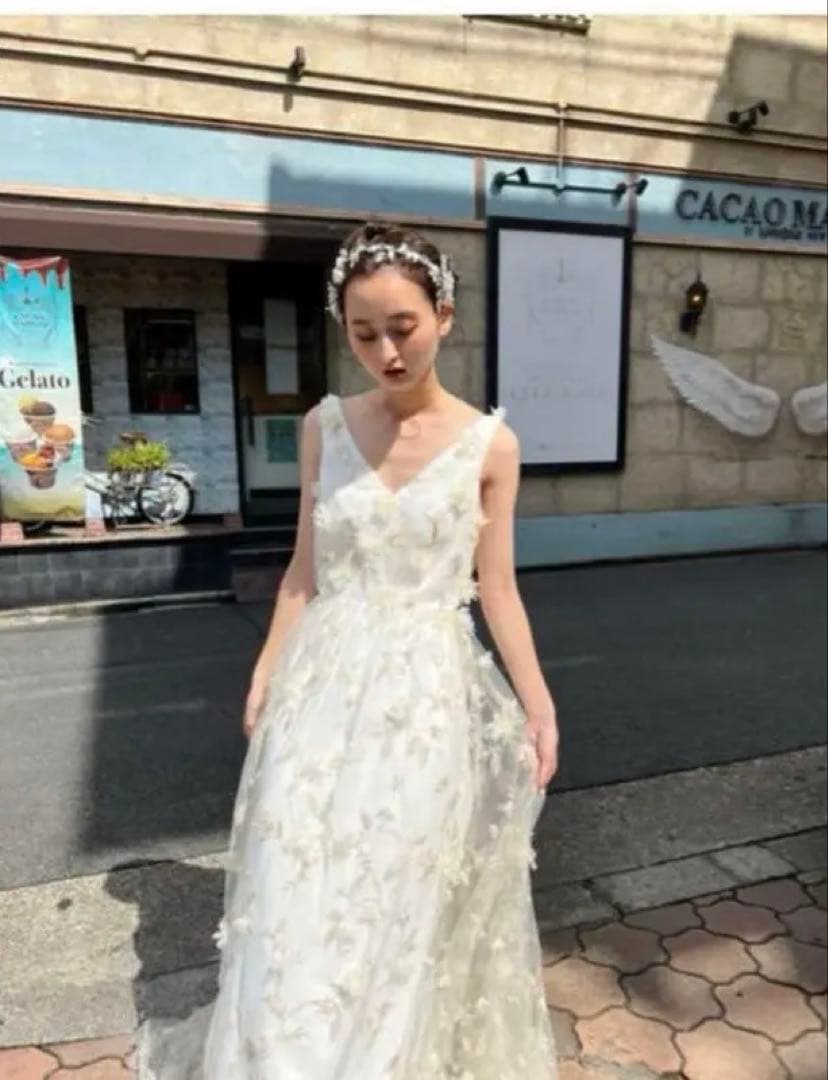 ドレスプロダクション フラワーレースVネックノースリーブドレス(W262BE)