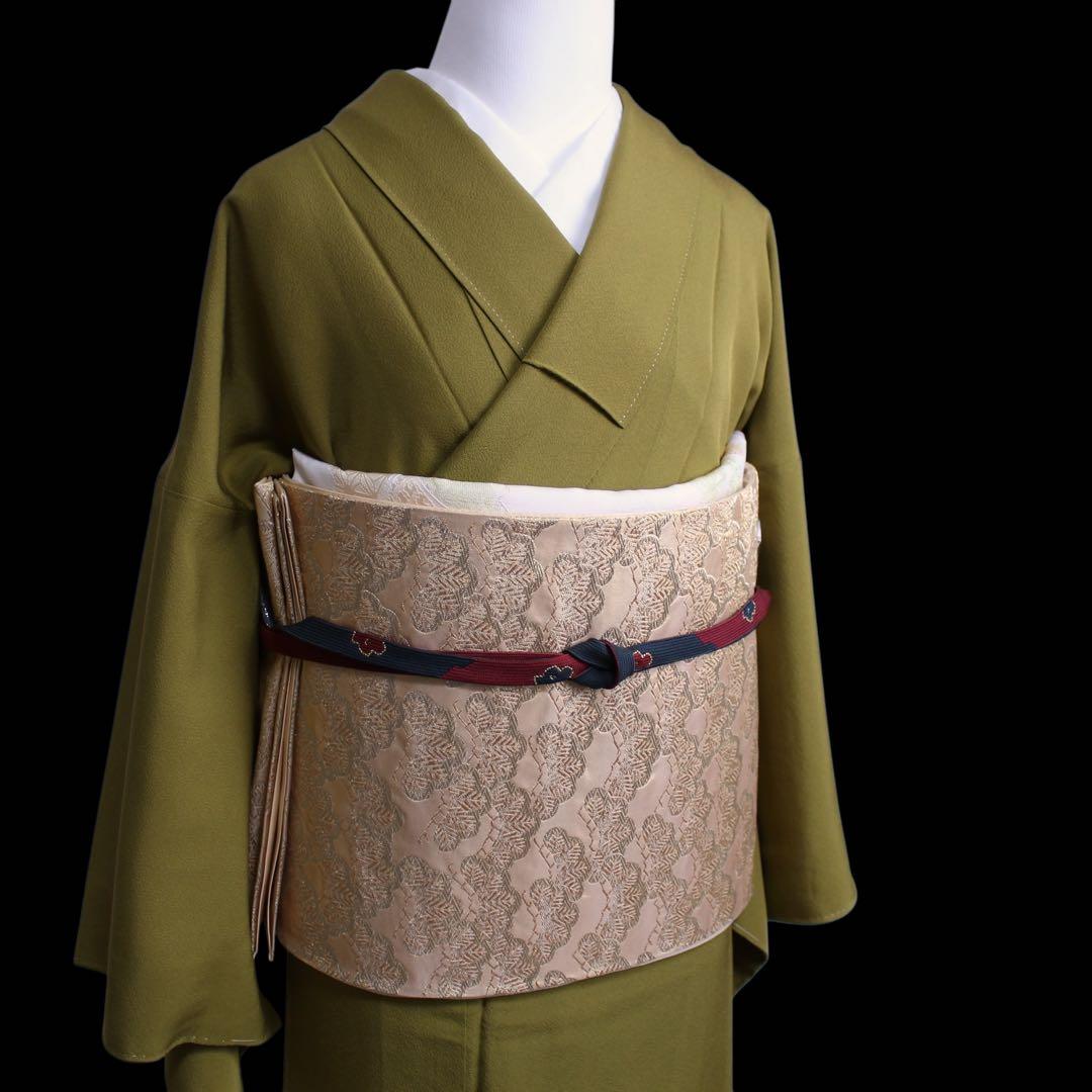 美品　縮緬地　一つ紋色無地着物/裄69 トールサイズ　カーキ色　d19