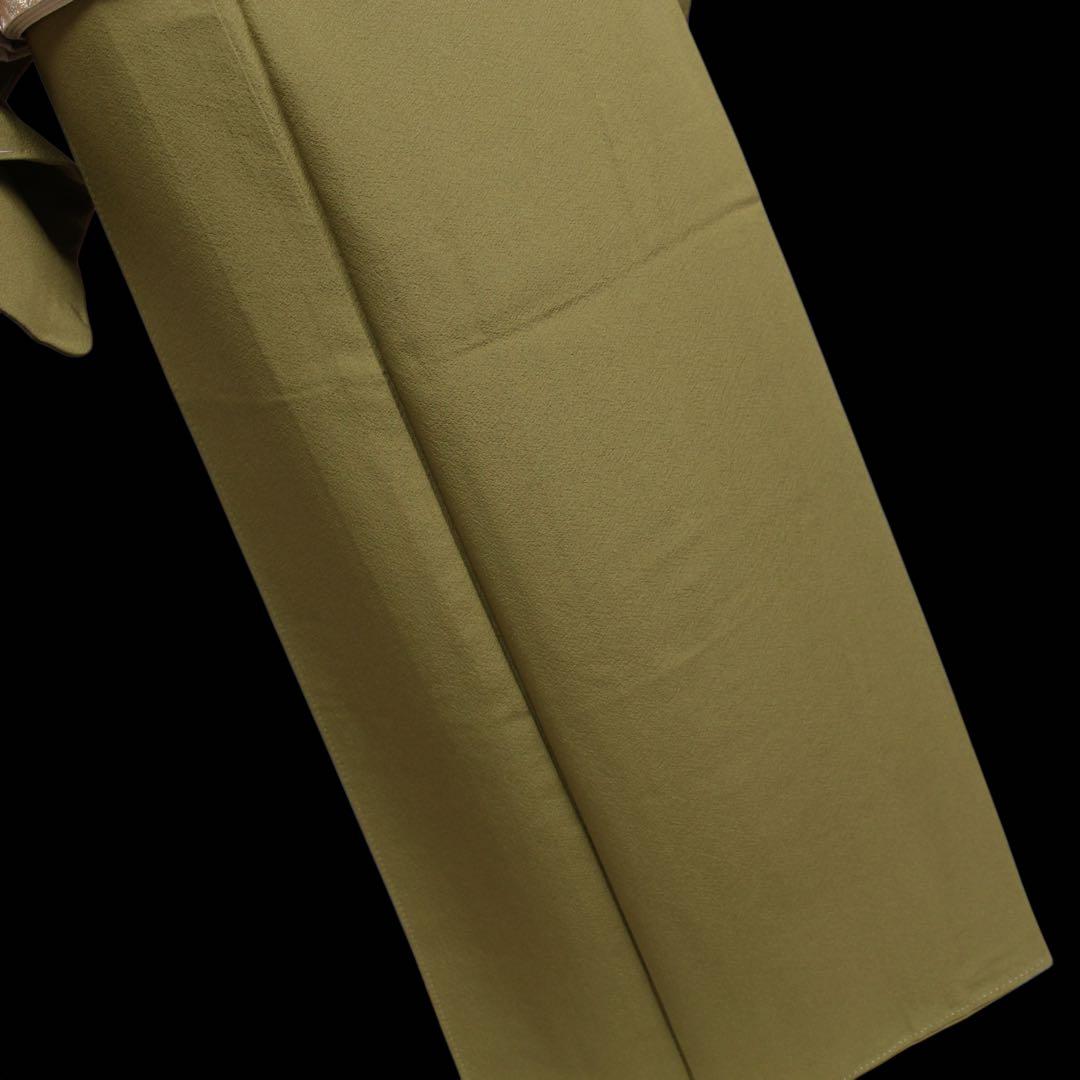 美品　縮緬地　一つ紋色無地着物/裄69 トールサイズ　カーキ色　d19