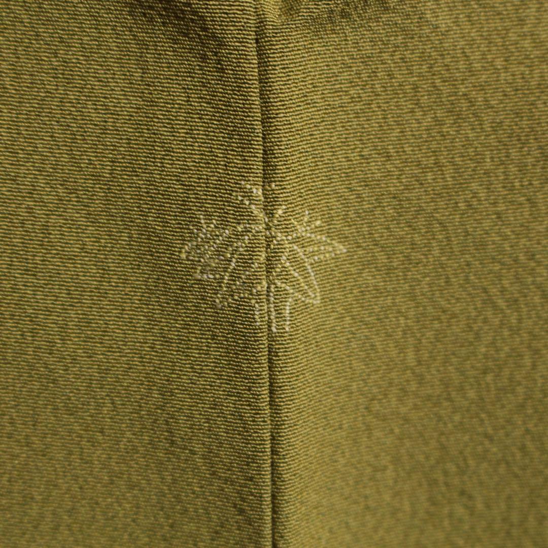美品　縮緬地　一つ紋色無地着物/裄69 トールサイズ　カーキ色　d19