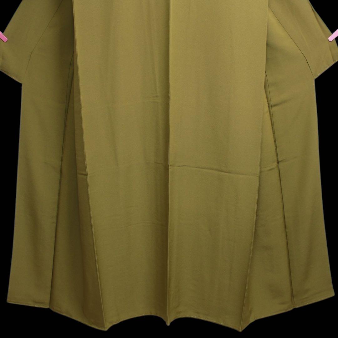 美品　縮緬地　一つ紋色無地着物/裄69 トールサイズ　カーキ色　d19