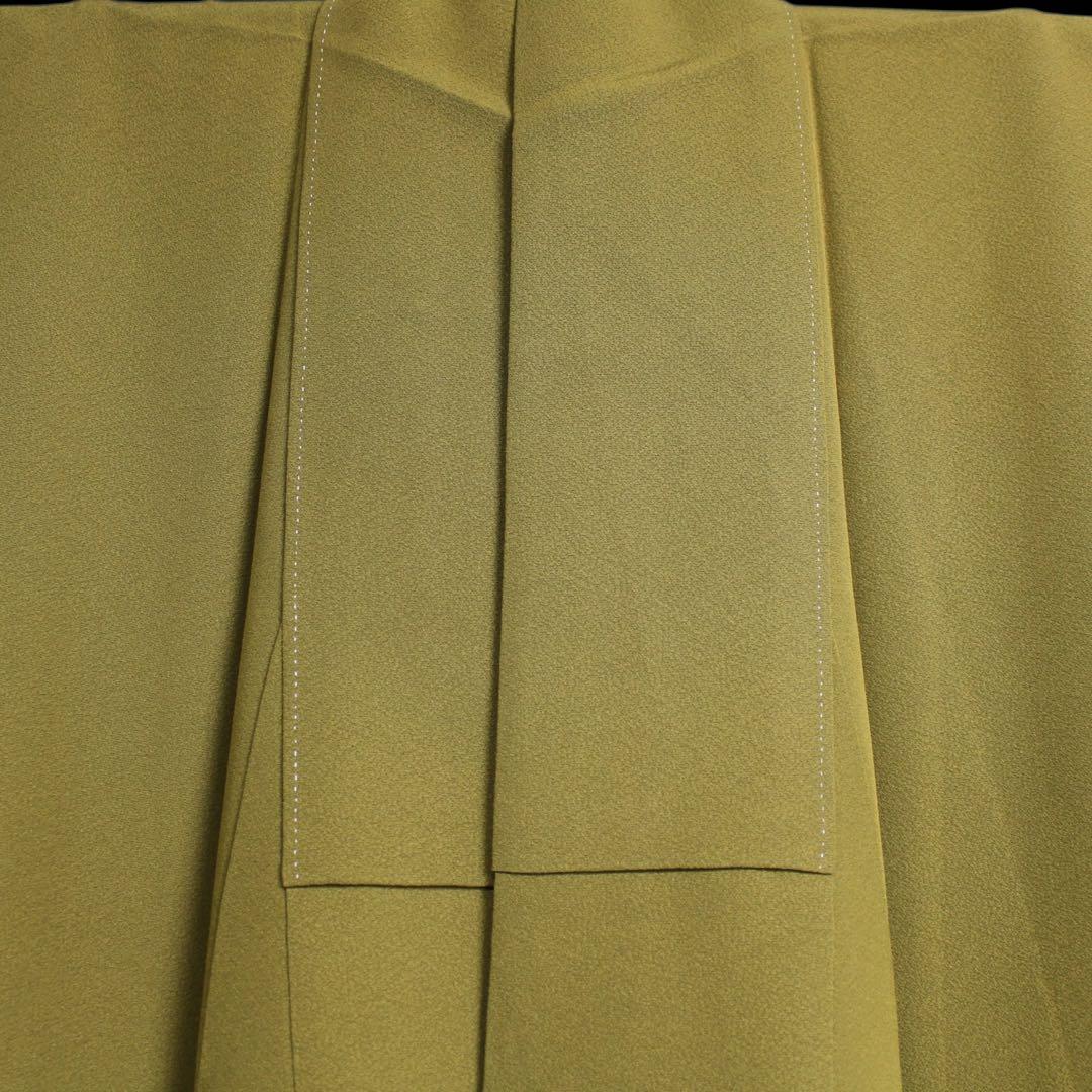 美品　縮緬地　一つ紋色無地着物/裄69 トールサイズ　カーキ色　d19