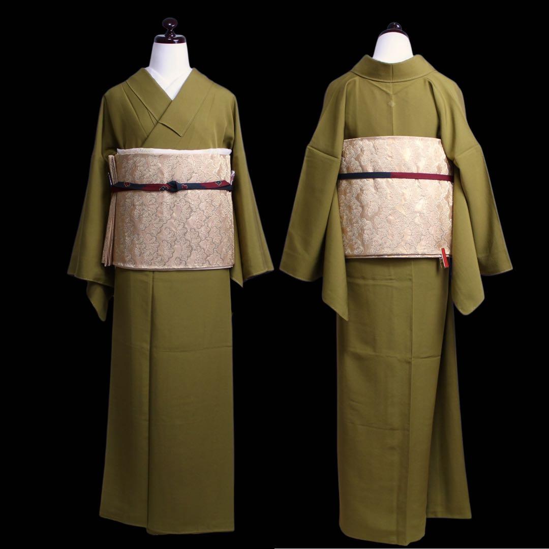 美品　縮緬地　一つ紋色無地着物/裄69 トールサイズ　カーキ色　d19