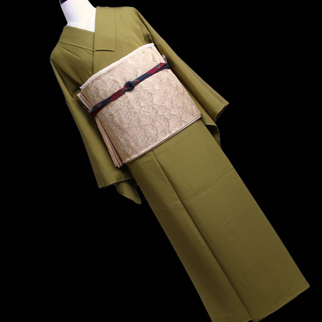 美品　縮緬地　一つ紋色無地着物/裄69 トールサイズ　カーキ色　d19