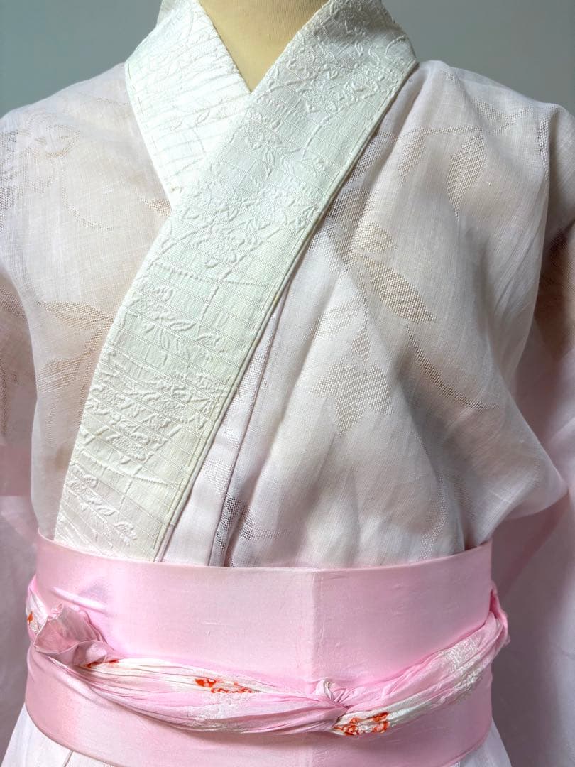 本麻　ピンク　夏用　長襦袢　未使用　絽半衿付　裄61.5（＋4.5）身丈133
