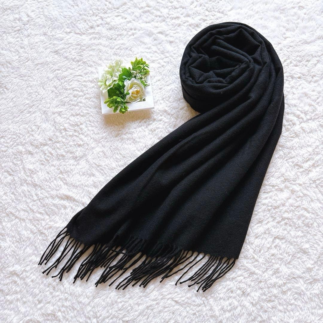 深喜毛織　カシミア100% フリンジ付きストール ブラック 大判