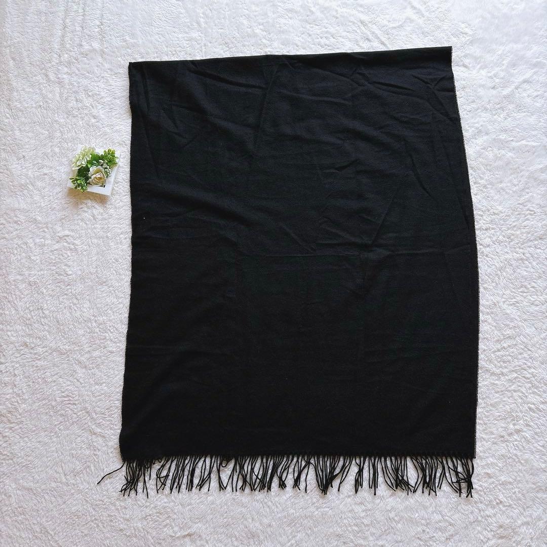 深喜毛織　カシミア100% フリンジ付きストール ブラック 大判