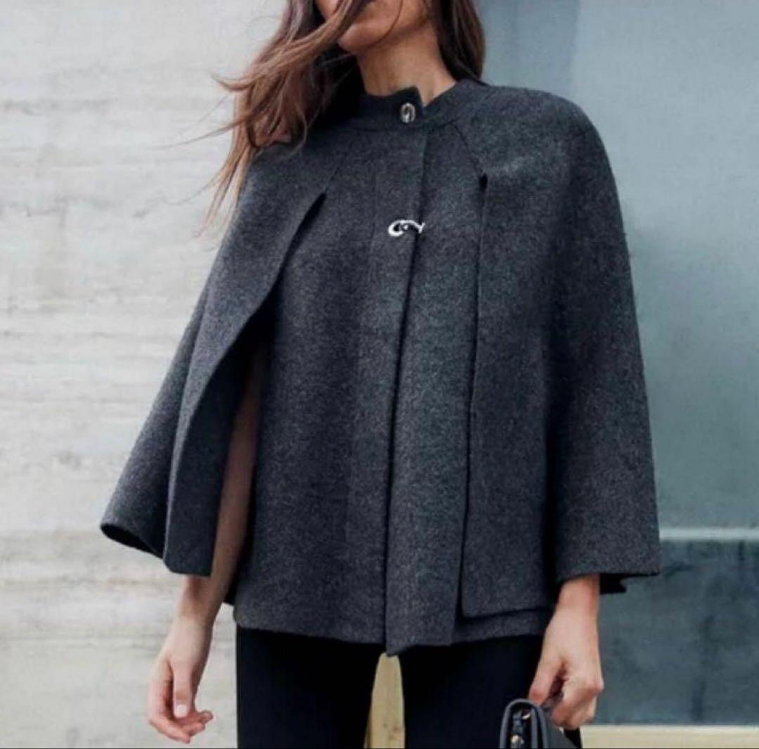 ZARA ニットケープコート ポンチョ チャコールグレー S