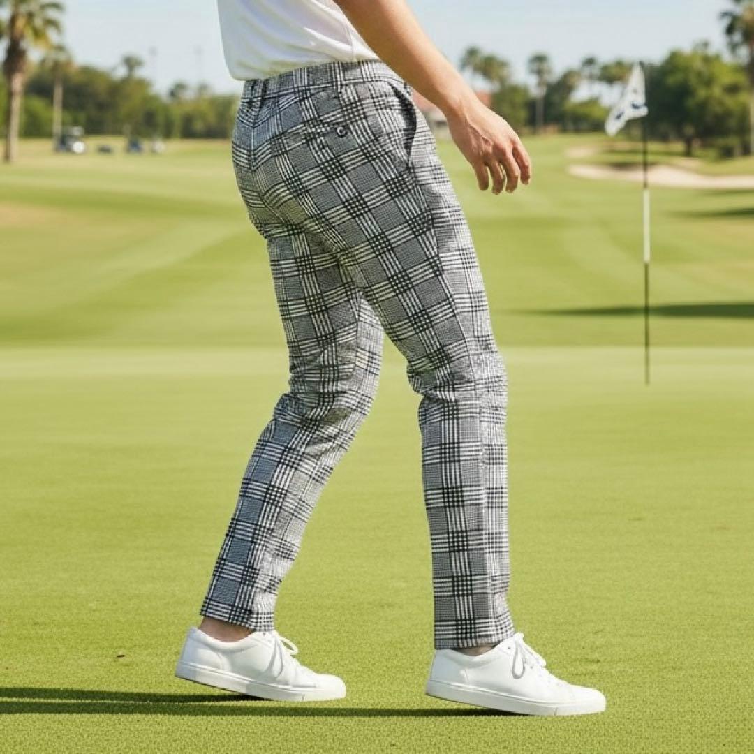 現行モデル　パーリーゲイツ　パンツ　L〜XL相当 チェック　黒　白　コットン素材