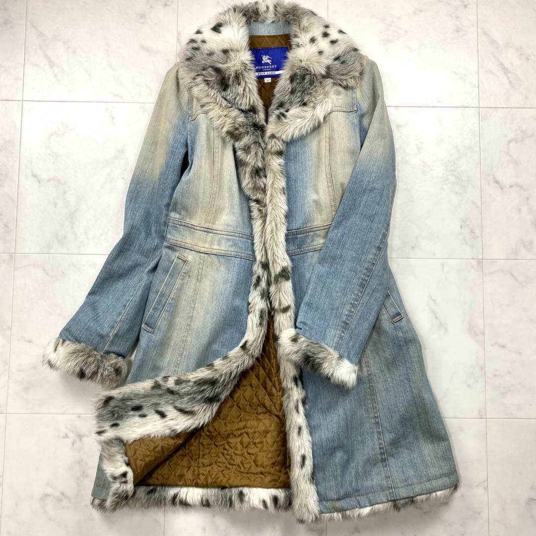 BURBERRY BLUE LABEL デニム コート ファー 豹柄 Aライン