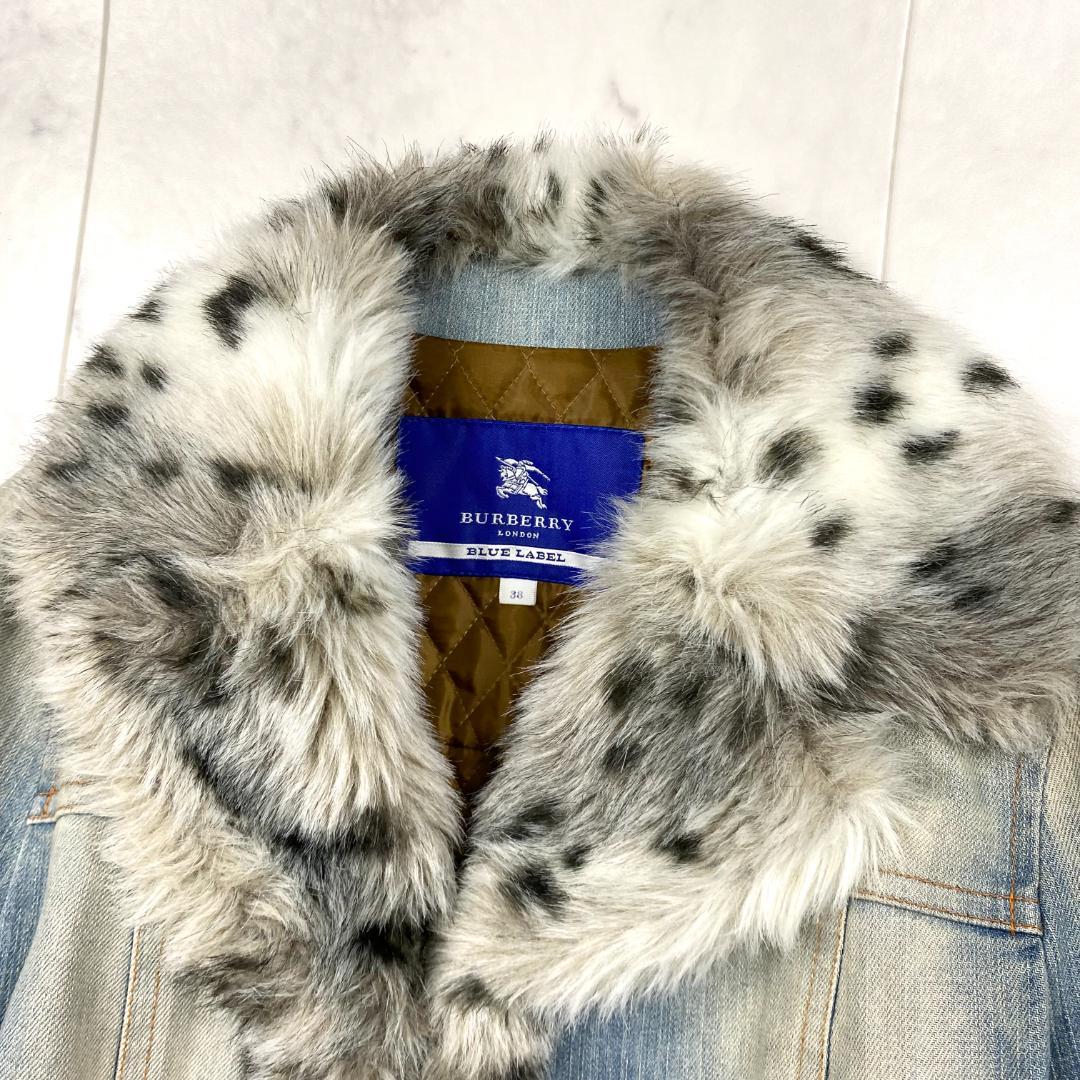 BURBERRY BLUE LABEL デニム コート ファー 豹柄 Aライン