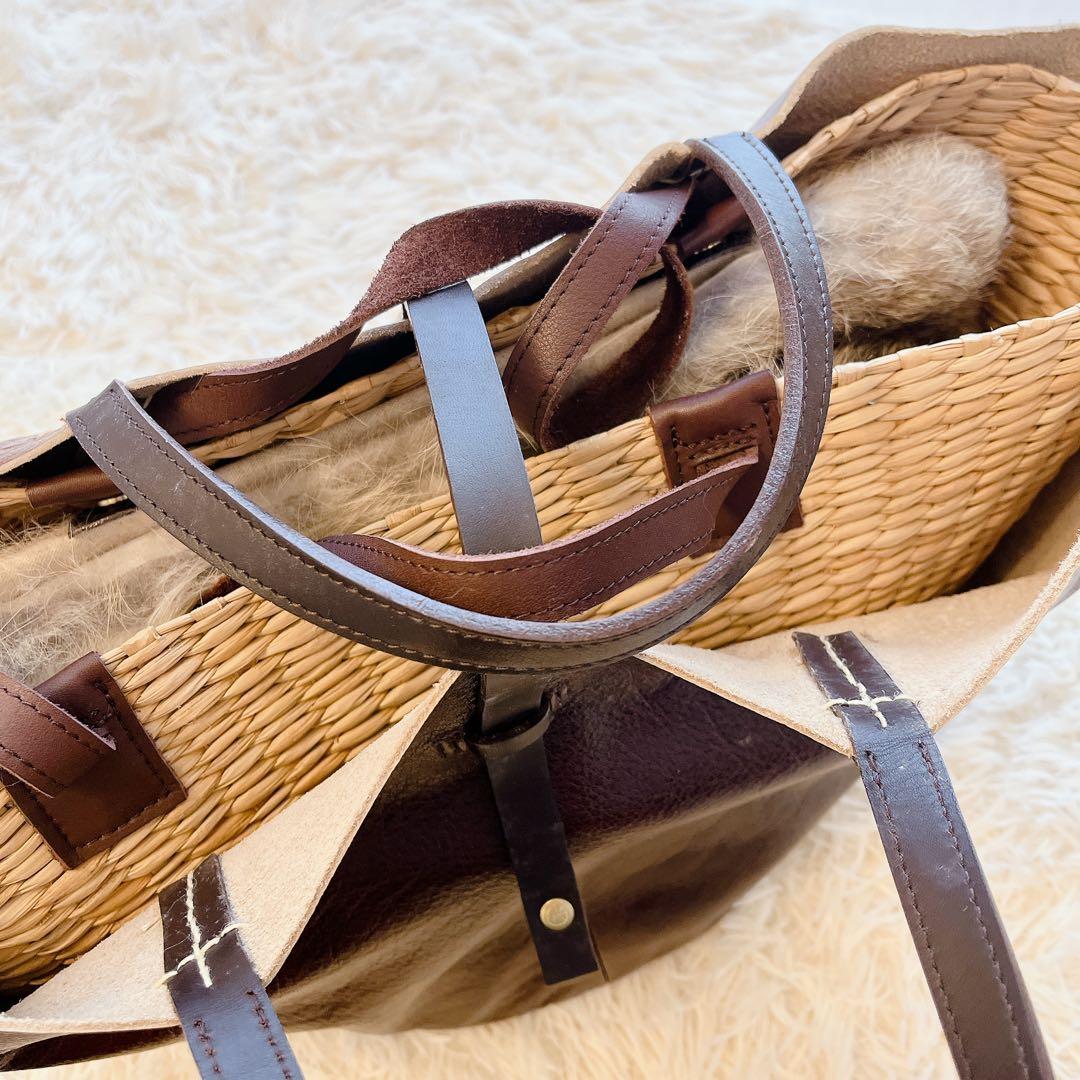 【美品】ikotイコット　レザー　トートバッグかごバッグ2way ファーフラップ