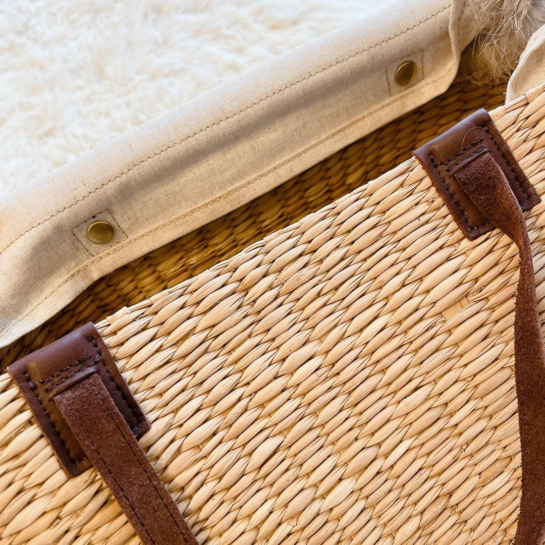 【美品】ikotイコット　レザー　トートバッグかごバッグ2way ファーフラップ