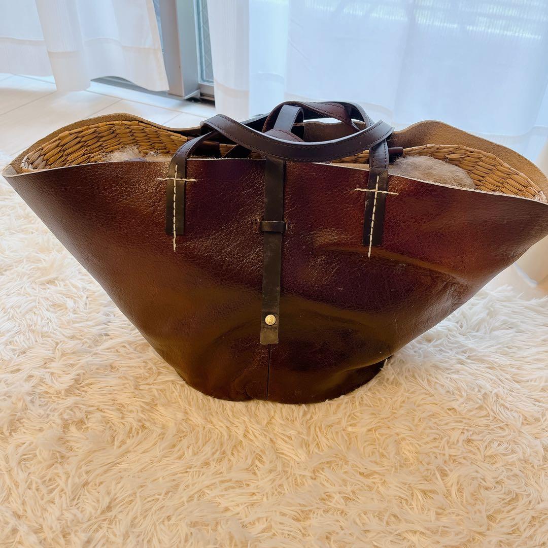 【美品】ikotイコット　レザー　トートバッグかごバッグ2way ファーフラップ