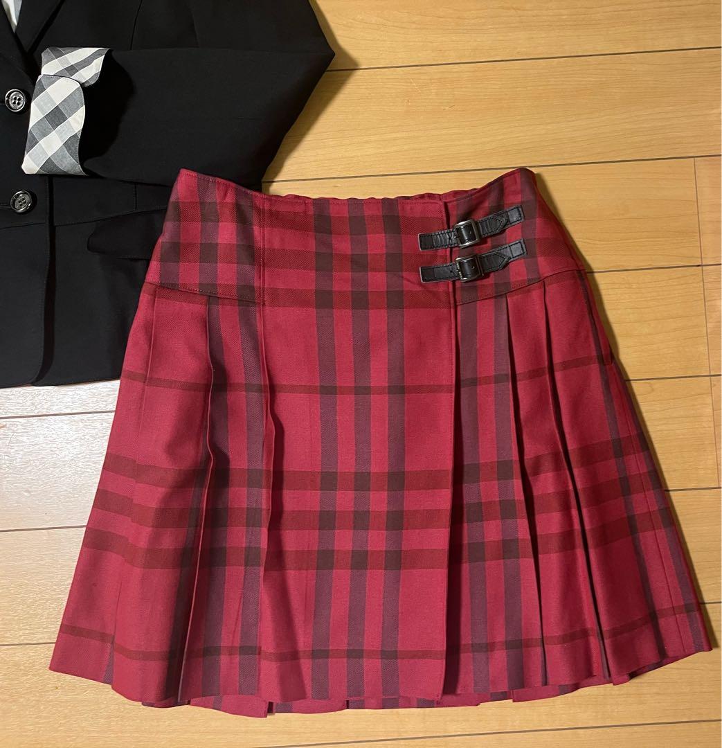 【美品】Burberryバーバリー160A スーツ　赤チェック　リボン付き