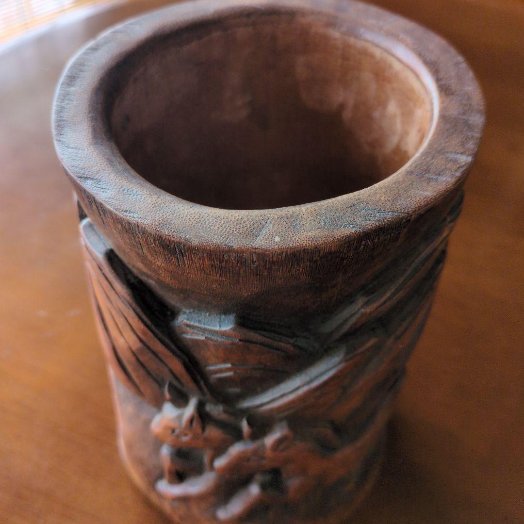 m*a様 ペン立て 筆筒 筆立 筆桶 書道具 竹彫刻 竜鳳 透かし彫り 彫刻 書