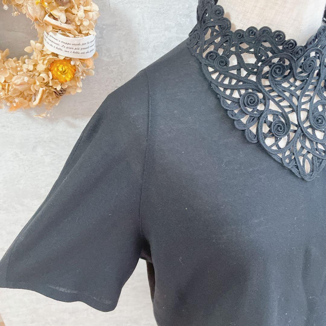 美品/希少/Christian Dior /刺繍ネック/黒/カットソー/半袖/